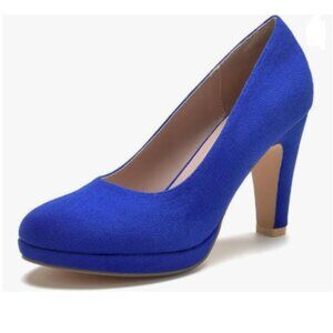 miss left Royal Blue Low Platform Chunky High Heel Slip On Round Toe Pump